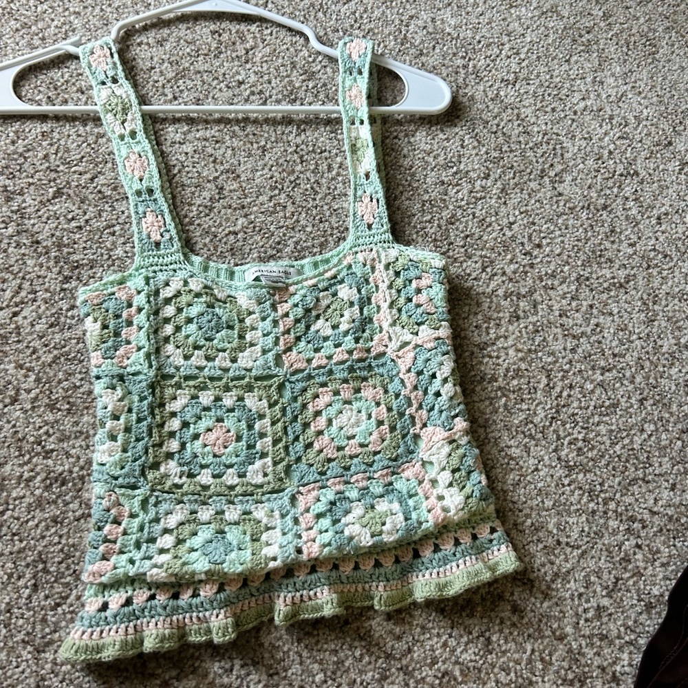 American Eagle Outfitters Green and Pink Crochet Tank Top
